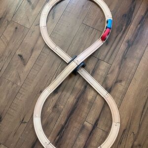 Wooden Train Track Lot w/ Bridge, 2 Trains – Compatible w/ Brio & Thomas